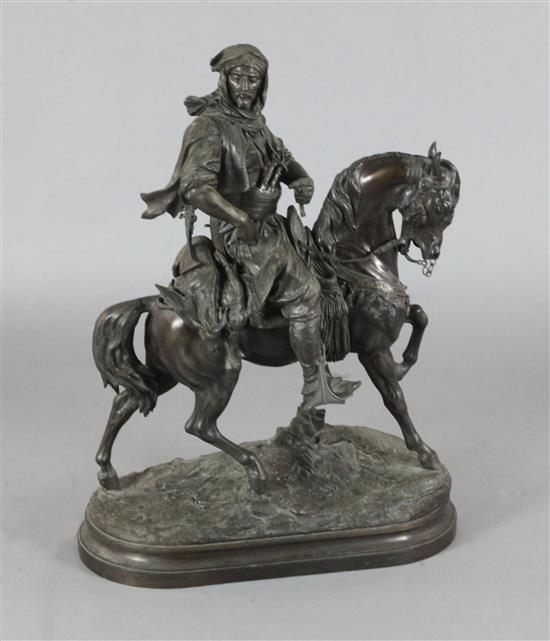 After Emile Coriolan Hippolyte Guillemin (French 1841-1907). A late 19th century French bronzed spelter group Cavalier Arabe height 3